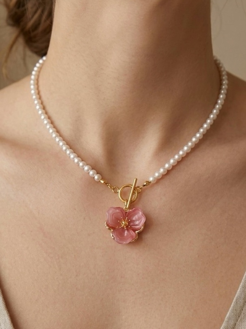 Pearl Necklace with  Flower Pendant - Gold Accents